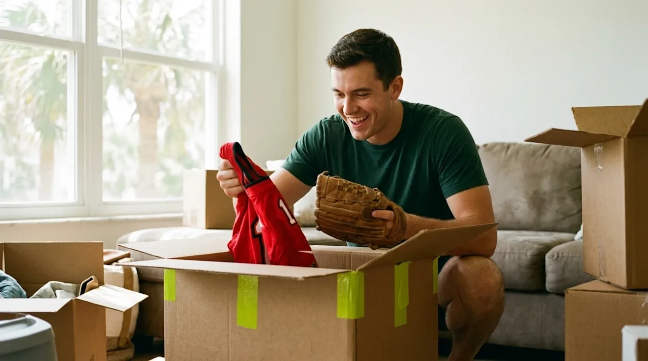 Authentic candid lifestyle photography shot on 35mm film of a smiling young man unpacking sports shirts from cardboard moving boxes in a bright room.
