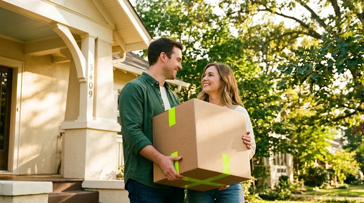 A happy couple carrying a moving box with neon green tape up the stairs of a beautiful Southern-style home.
