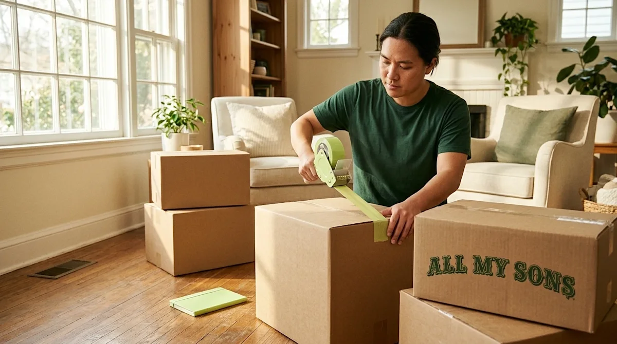 Professional candid photography of a focused person in a warm, inviting home living room, actively preparing for moving day b