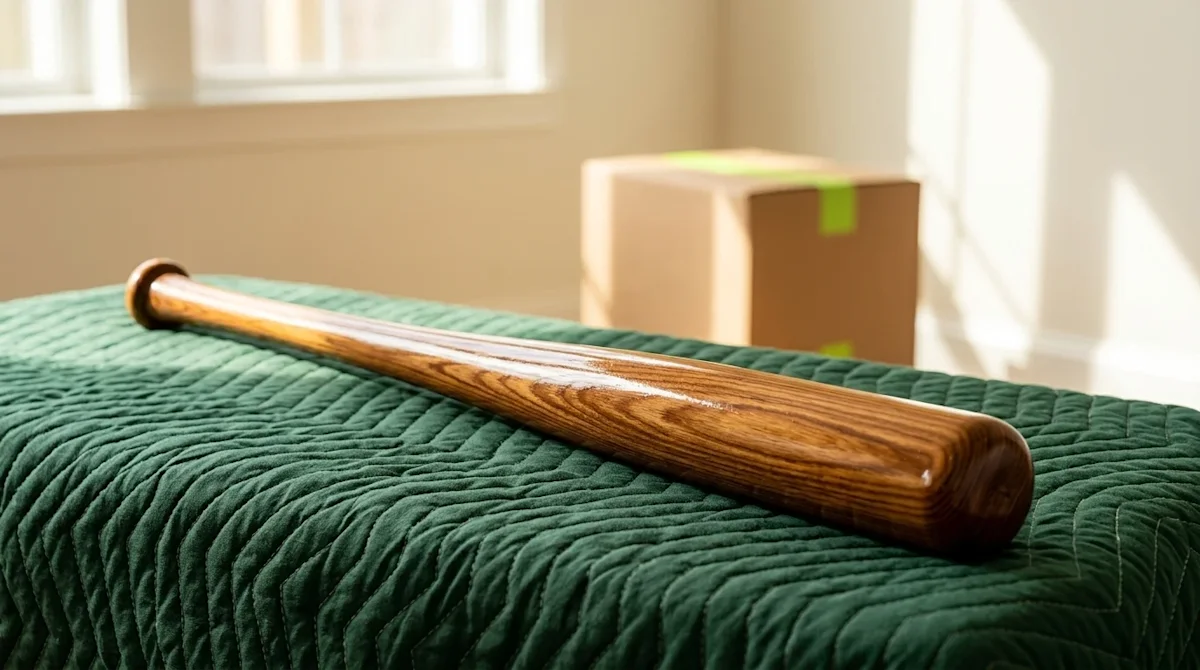 A clear, professional marketing photograph of a classic, polished wooden baseball bat resting carefully on a thick, dark fore