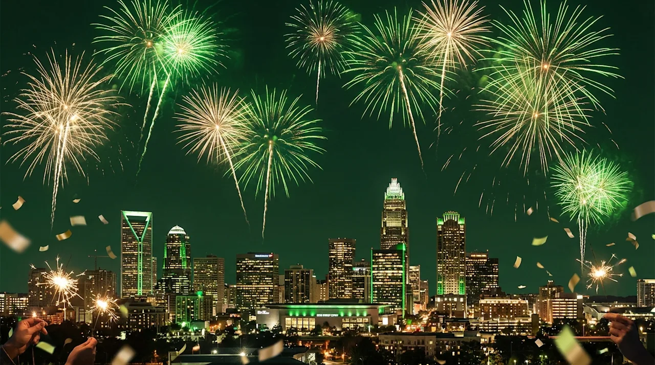 Charlotte NC skyline at night with green and cream fireworks and confetti for a festive New Year's Eve celebration.