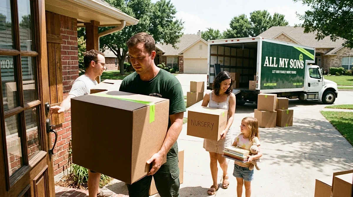 Candid lifestyle 35mm film photography of professional movers and a family carrying cardboard boxes out of a house on a brigh