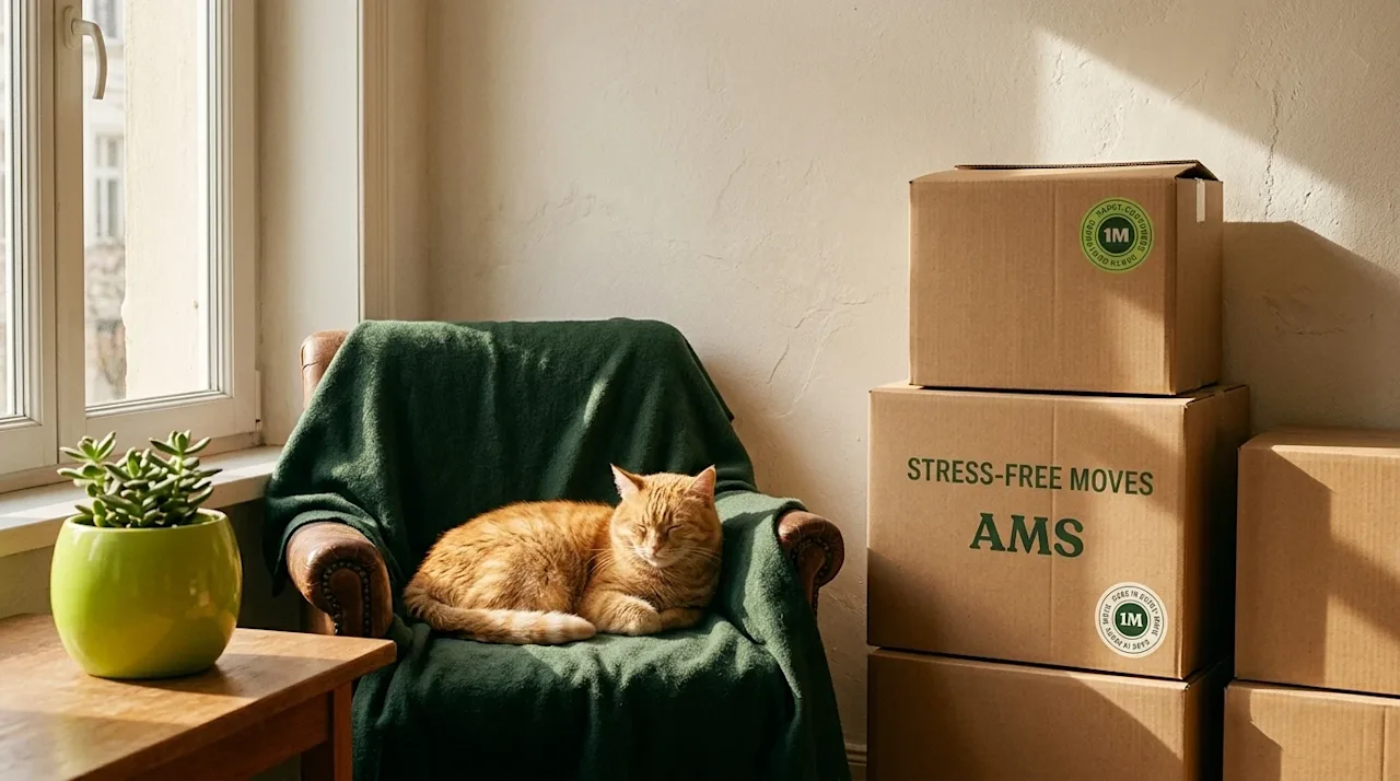 Candid lifestyle photography of a relaxed, fluffy domestic cat resting comfortably inside a cozy, sunlit apartment. The cat i