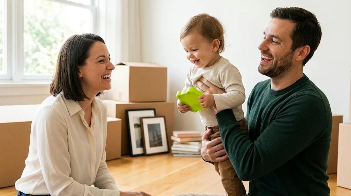 Clear, professional marketing photography of a happy family moving into a new home with their young child, conveying a warm,