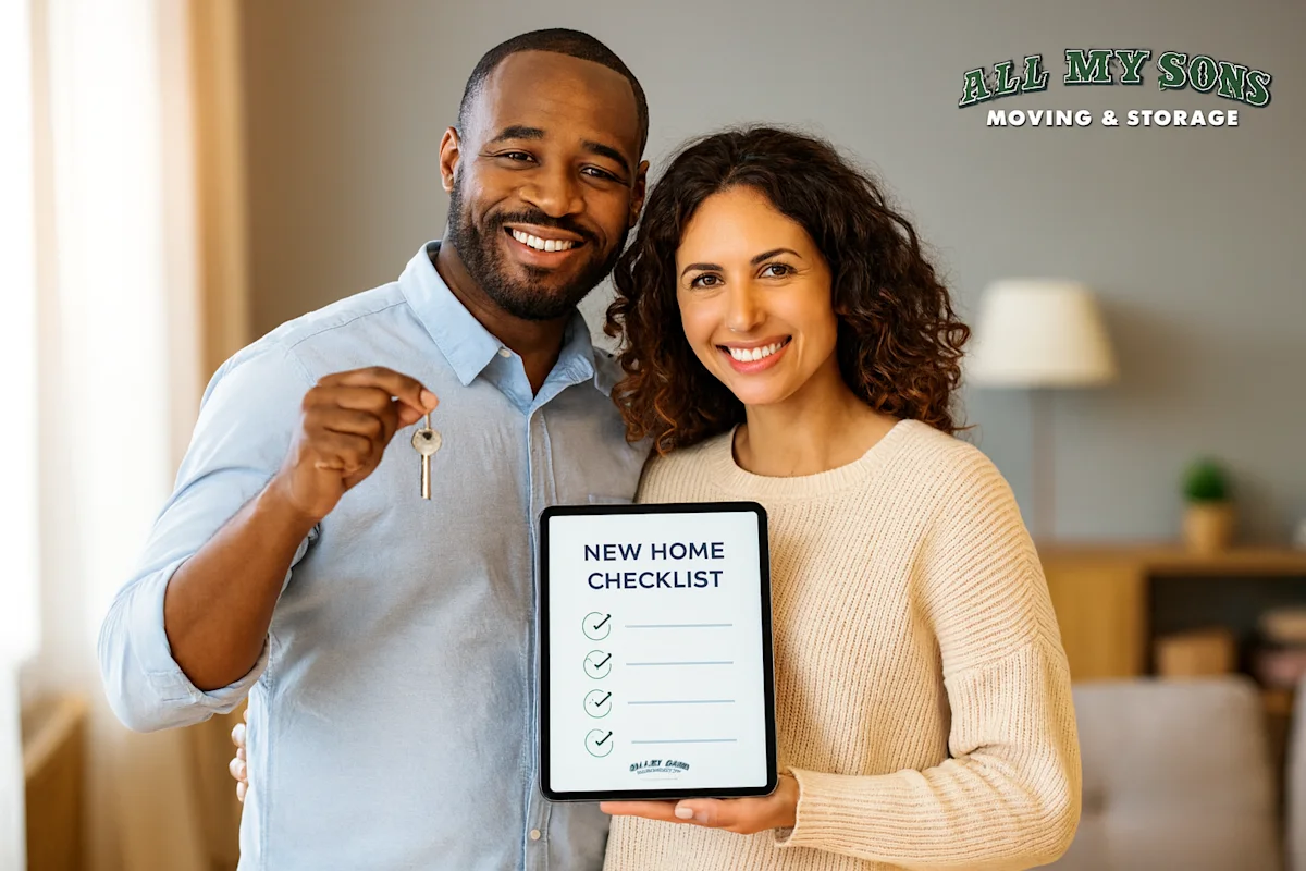 Smiling couple celebrates new home with keys and a moving checklist, feeling ready for a professional, stress-free residential move with All My Sons.