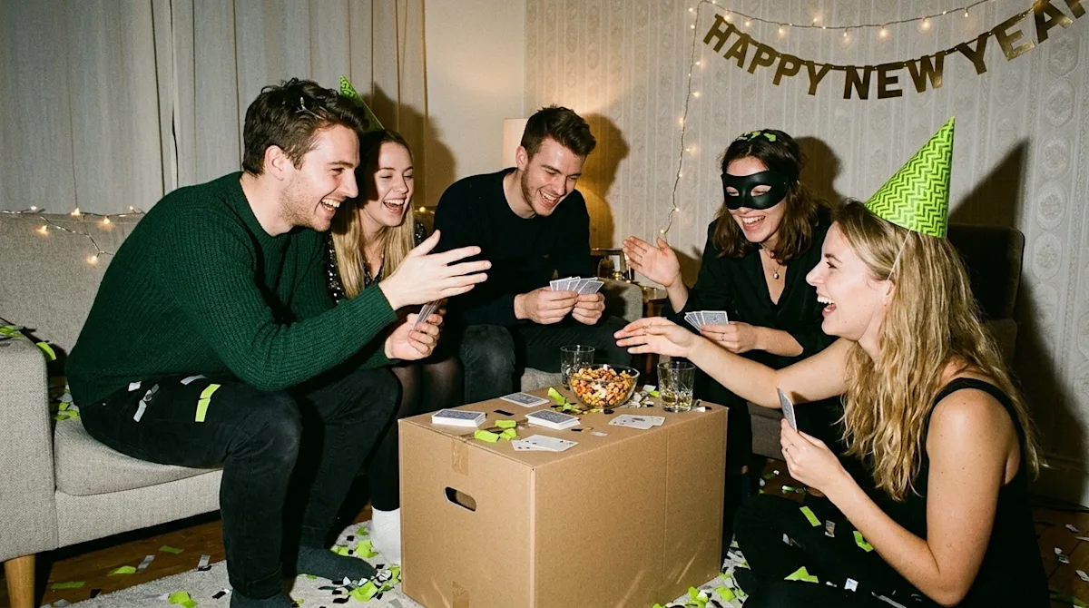 A candid, lively lifestyle photograph of a group of young adults laughing and playing a fun party game during a New Year's Ev