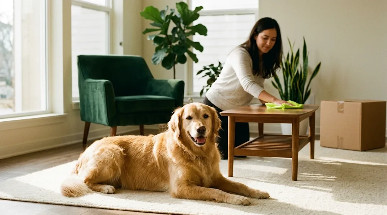 Candid lifestyle 35mm film photography of a bright, exceptionally clean living room featuring a happy golden retriever restin