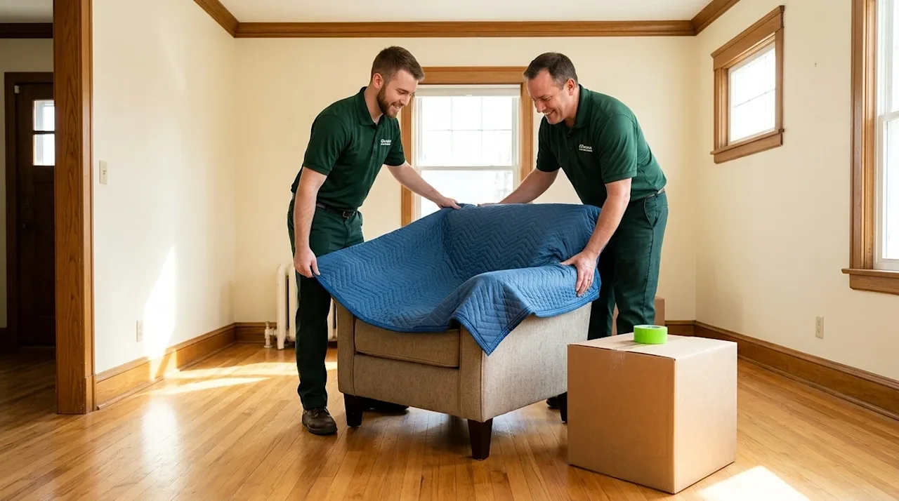 Professional marketing photography of two friendly, professional movers in dark forest green uniform shirts carefully wrappin