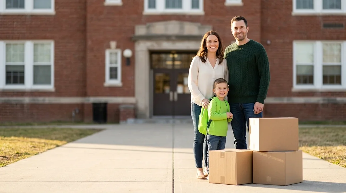 Professional marketing photography of a happy family consisting of a mother, father, and young child standing on a pristine s