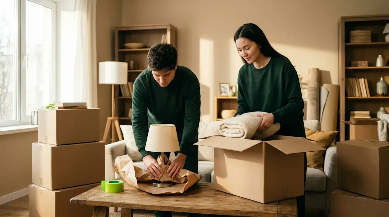 Professional lifestyle photography of a bright, well-lit modern home being systematically packed for a move. In a cozy living