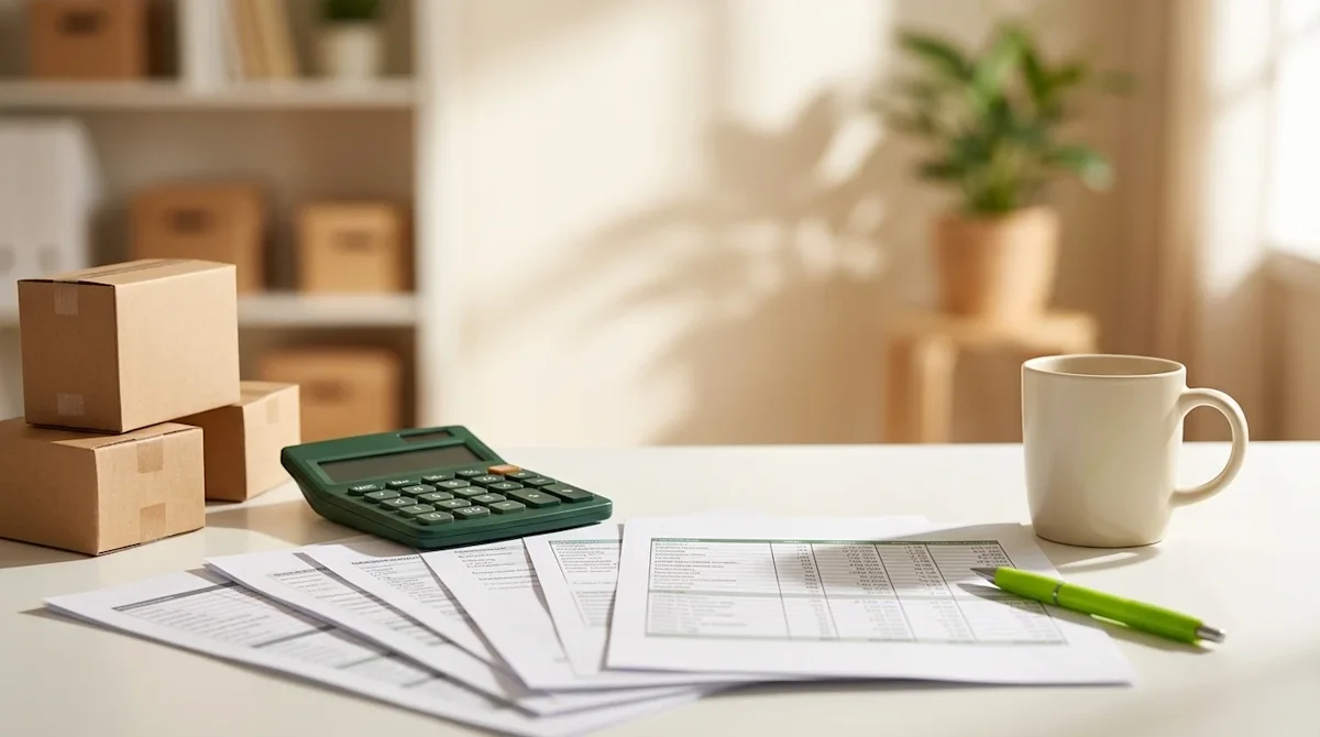 Professional photography of a bright, well-lit home office desk representing moving expenses and finances.