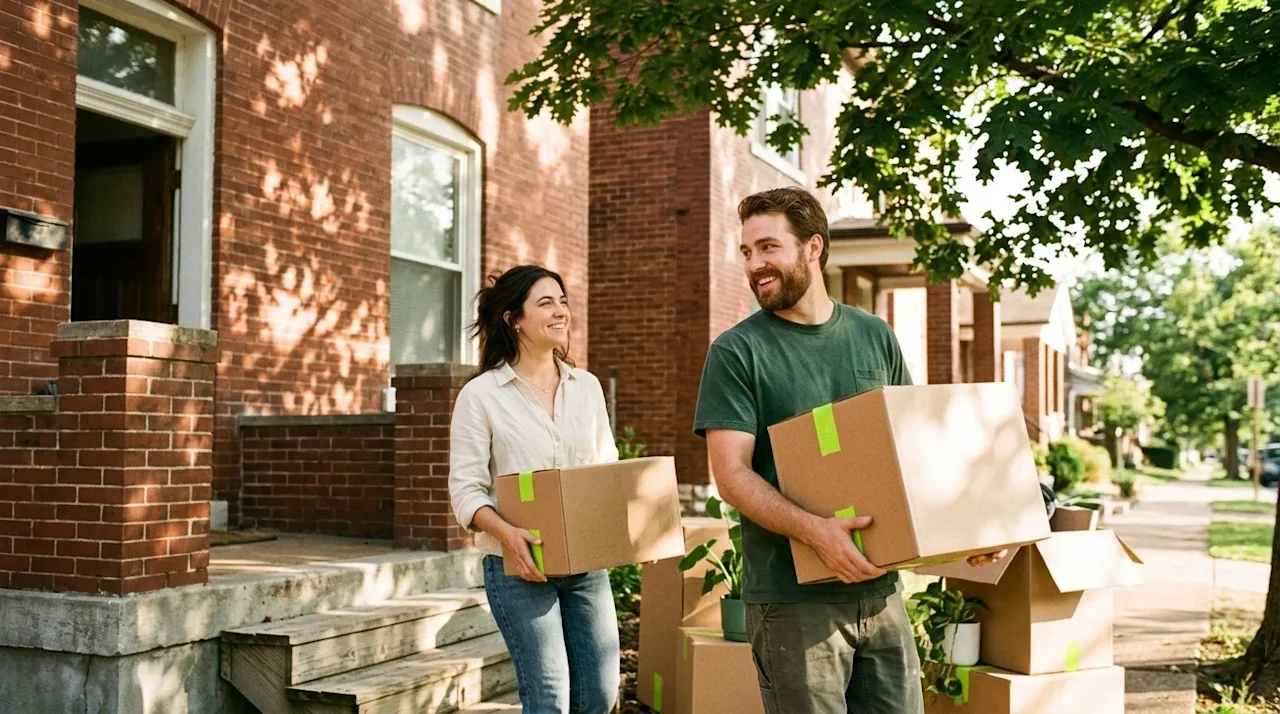 A candid lifestyle 35mm film photograph of a happy couple moving out of a classic red brick St. Louis home on a bright, warm