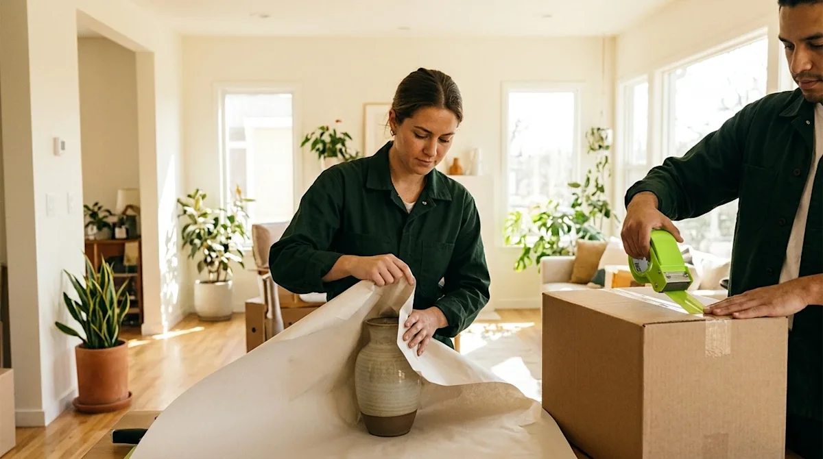Candid, warm lifestyle photography of a stress-free moving day in a sunlit, modern home interior. Two professional packers we