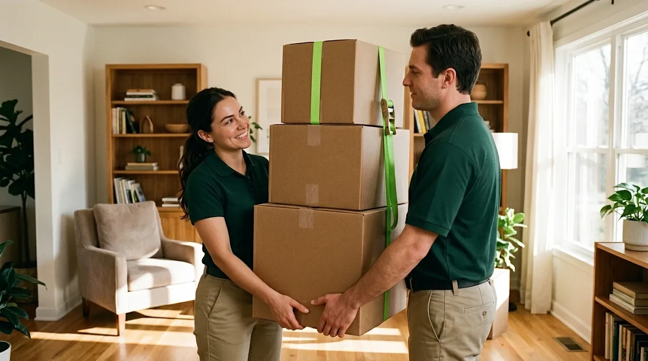 A candid, high-quality photograph of two friendly, professional movers in dark forest green uniform polo shirts carefully car