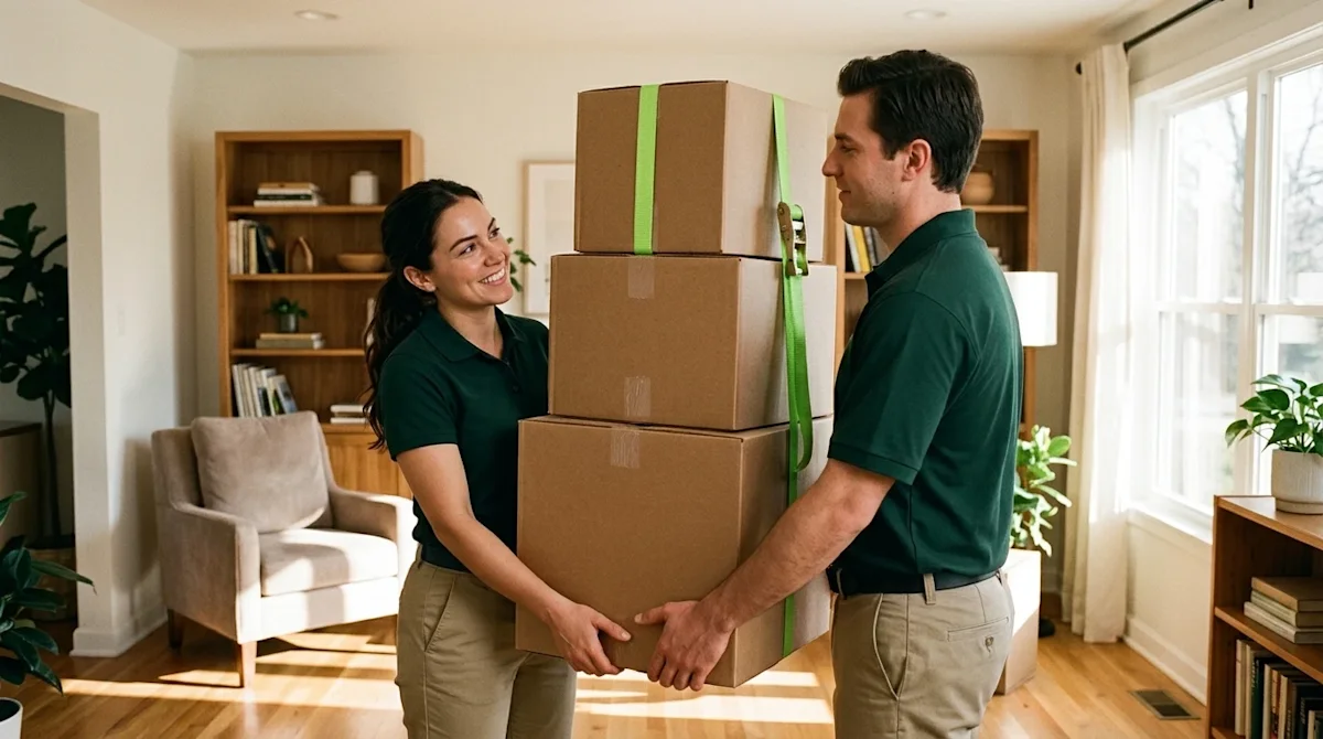 A candid, high-quality photograph of two friendly, professional movers in dark forest green uniform polo shirts carefully car