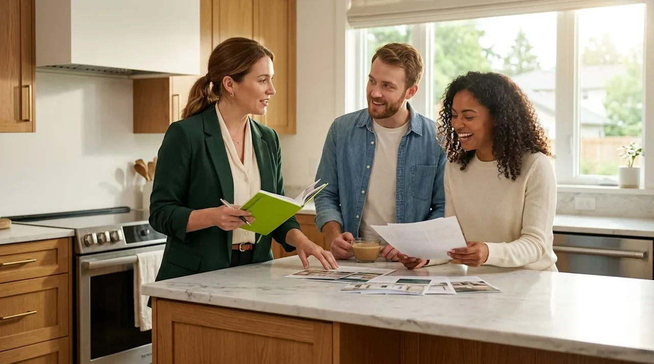 Clear, professional marketing lifestyle photography of a young couple engaged in an active, friendly conversation with a smar