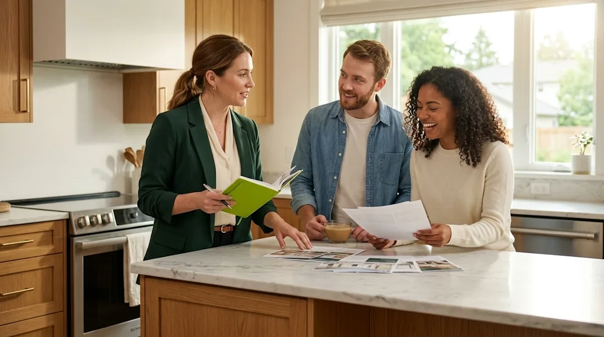 Clear, professional marketing lifestyle photography of a young couple engaged in an active, friendly conversation with a smar