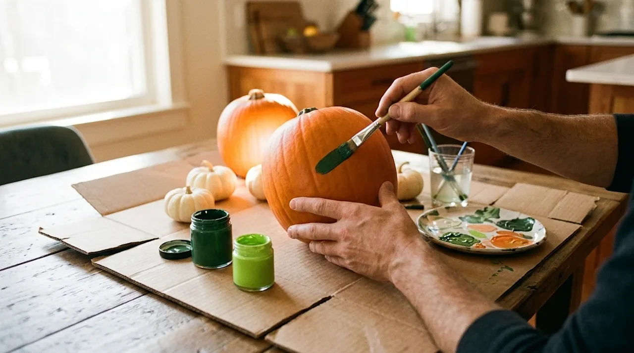 A candid, warm lifestyle photograph of a cozy autumn crafting scene focused on painting pumpkins. Close-up on a pair of hands