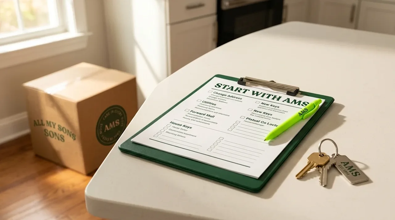 Professional lifestyle marketing photography representing a home move and change of address. A close-up, angled shot resting