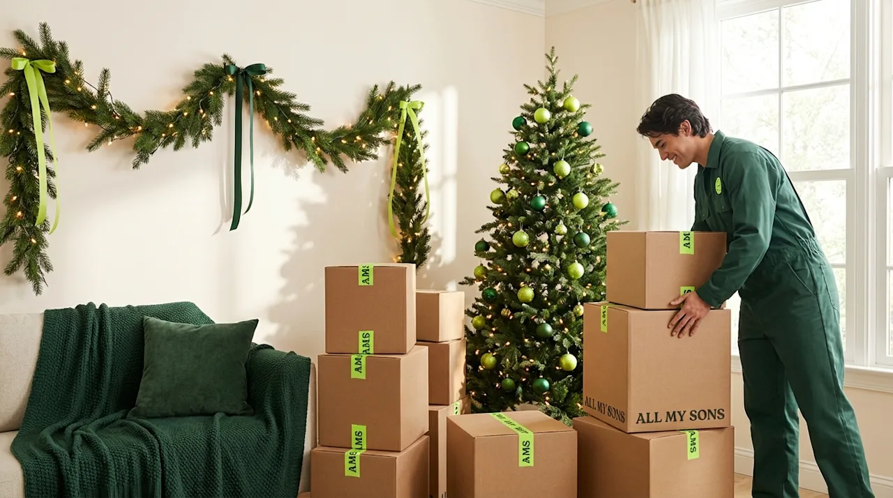 Professional mover stacking boxes in a festive living room with a Christmas tree for a stress-free holiday move.