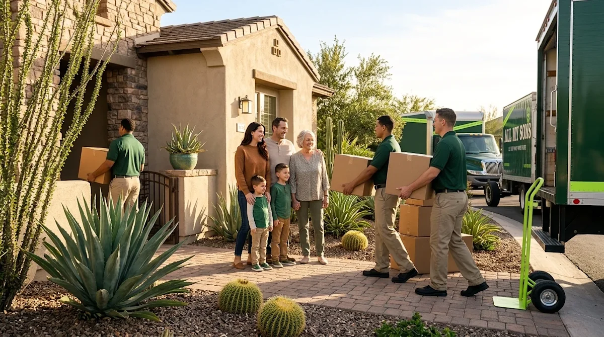 A high-quality lifestyle photograph of a joyful family moving into a beautiful modern southwestern home in sunny Phoenix, Ari