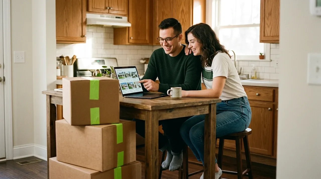 Candid lifestyle photography of a smiling couple sitting together at a warm, sunlit wooden kitchen island, happily browsing r