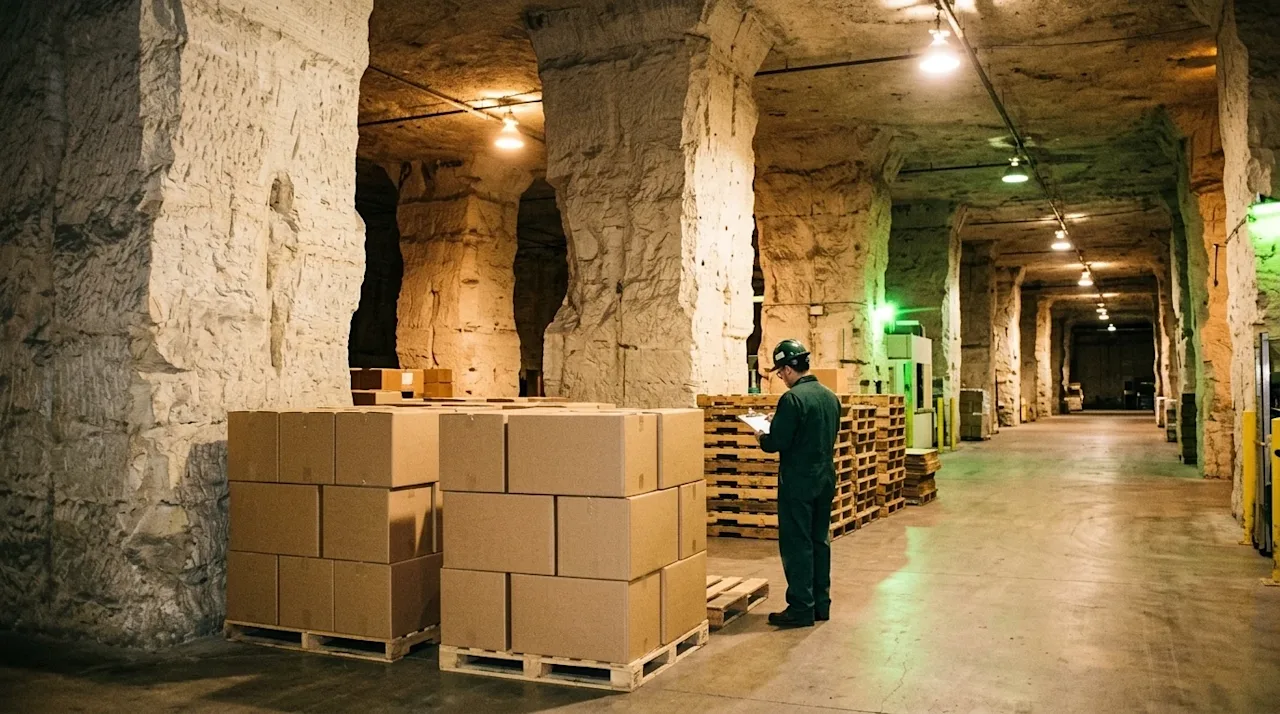 Editorial photograph of a massive underground limestone storage facility, representing SubTropolis in Kansas City. The scene