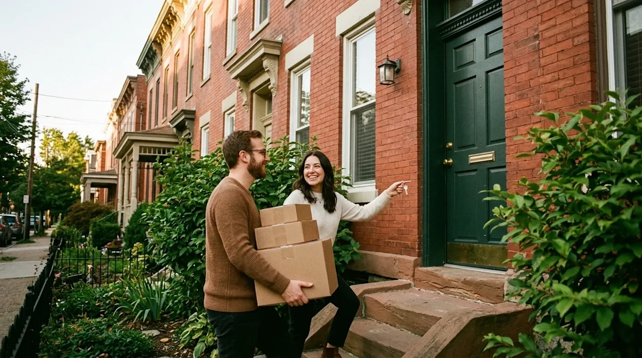 Candid lifestyle photography of a happy couple moving into a charming brick rowhouse in a beautiful, classic Pittsburgh, Penn