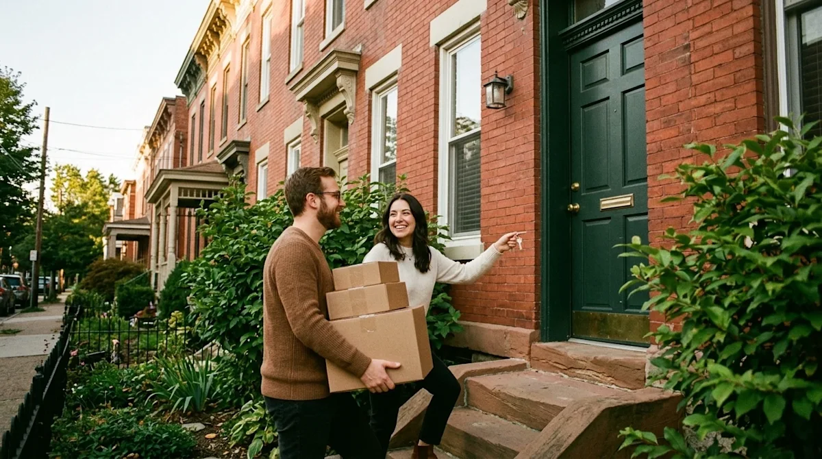 Candid lifestyle photography of a happy couple moving into a charming brick rowhouse in a beautiful, classic Pittsburgh, Penn