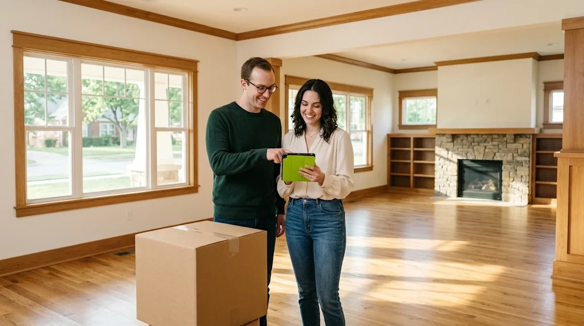 Professional marketing photography of a young professional couple standing inside a bright, airy, newly purchased empty moder