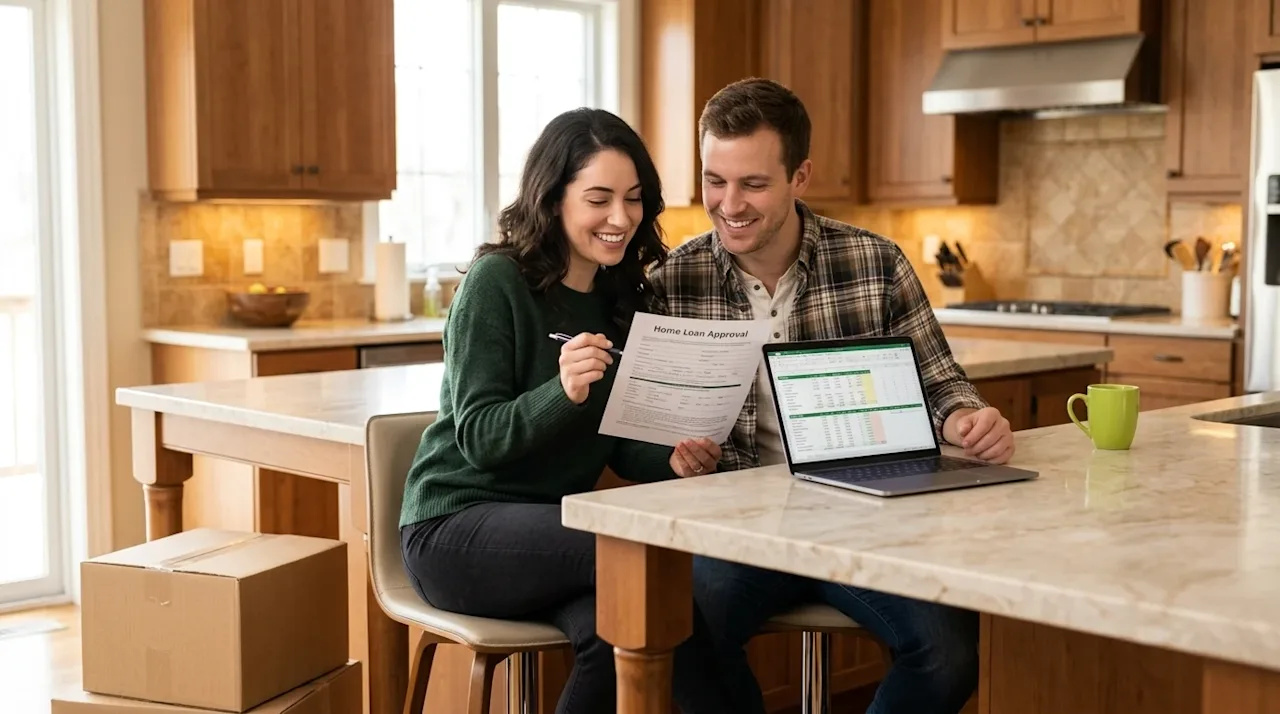 Clear, professional marketing photography of a smiling young couple sitting together at a warm, bright kitchen island, happil