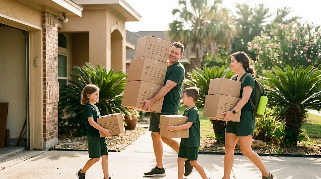 Candid lifestyle photography of a family carrying stacked corrugated cardboard moving boxes out of a sunlit home during a bri