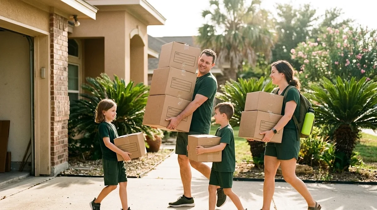 Candid lifestyle photography of a family carrying stacked corrugated cardboard moving boxes out of a sunlit home during a bri