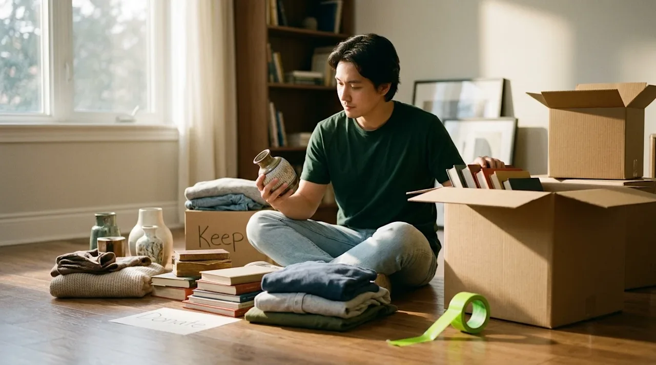 Authentic lifestyle photography of a person decluttering their home before a move. A casually dressed individual wearing a da