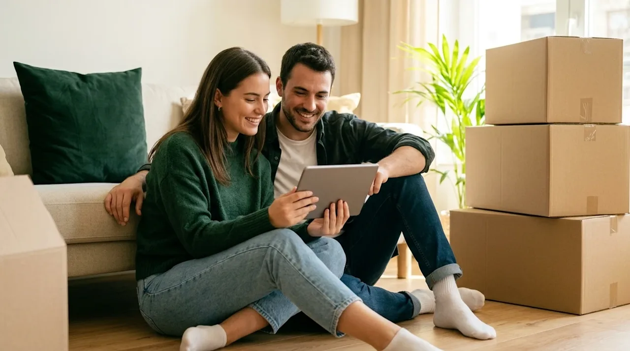 A candid, warm lifestyle photograph of a happy young couple sitting on a cozy, light-wood living room floor, smiling as they