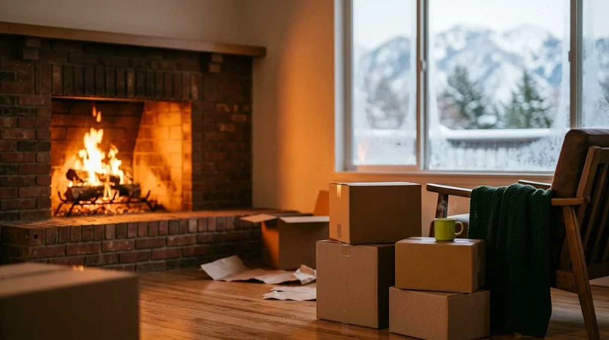 A cozy, warm lifestyle photograph of the interior of a new home during winter in Salt Lake City. A roaring, inviting fireplac