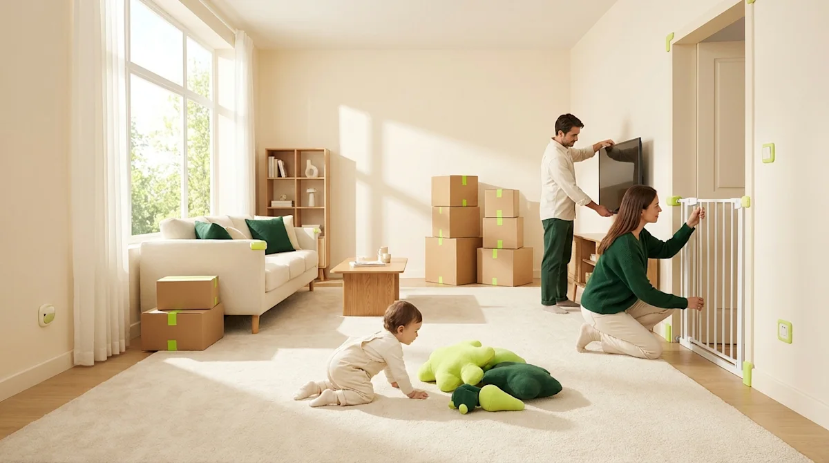 Family baby-proofing a modern living room after moving, with a crawling toddler and lime green safety accents.