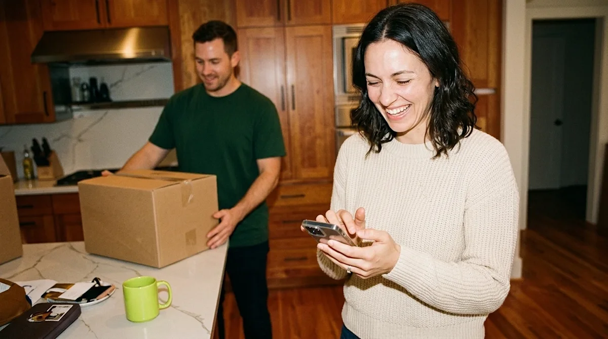 Candid editorial lifestyle photography, 35mm film look with a warm, slightly nostalgic direct-flash aesthetic. A joyful woman