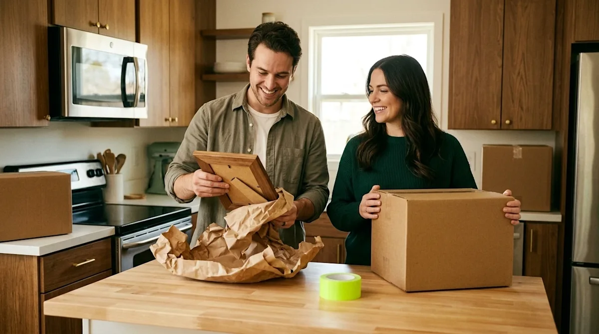 Professional candid lifestyle photography of a happy young newlywed couple unpacking in the bright, welcoming kitchen of thei