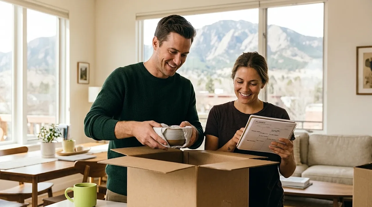 Clear, professional marketing photography capturing a genuine, candid lifestyle moment. A happy, energetic couple efficiently