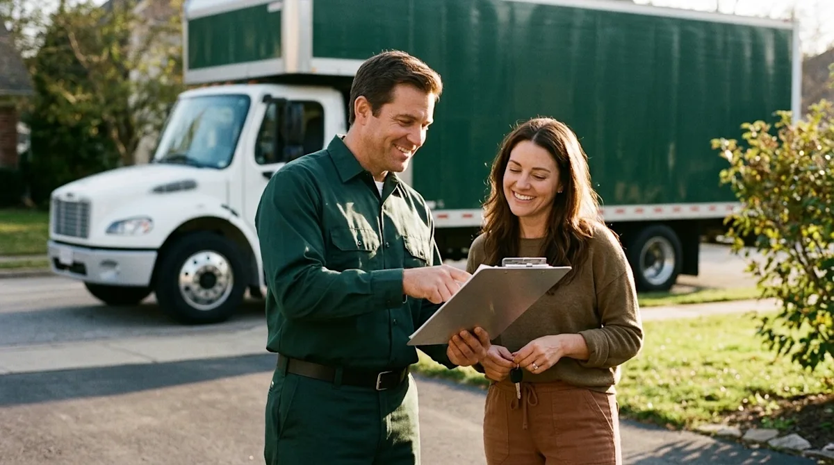 Candid 35mm film lifestyle photography of a professional, friendly mover in a dark forest green uniform reassuringly reviewin