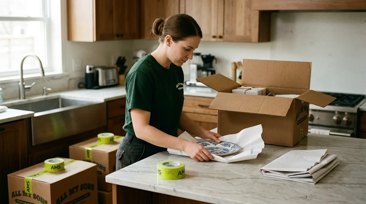 A candid, highly detailed 35mm film photography shot of a professional packer in a modern, warmly lit home kitchen, illustrat