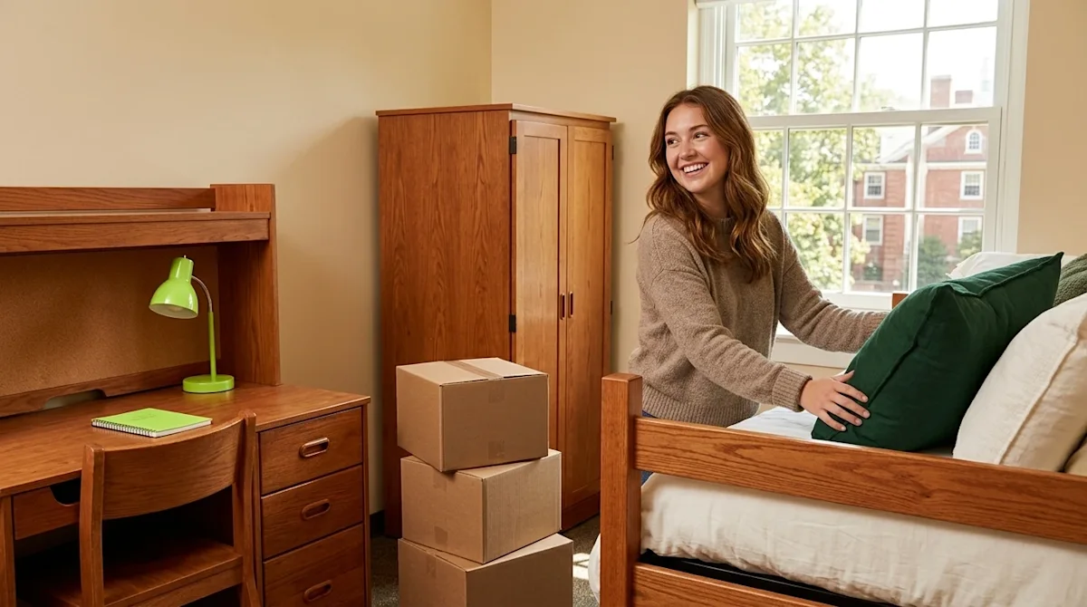Professional marketing lifestyle photography of a cheerful college student unpacking and settling into a cozy, bright dorm ro