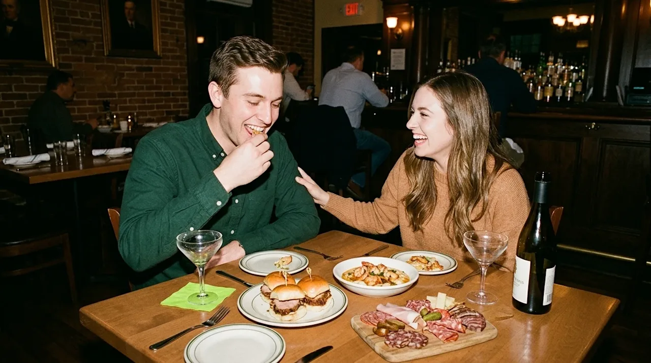 A candid 35mm film-style photograph of a happy couple enjoying a celebratory meal at a cozy, classic restaurant in Indianapol