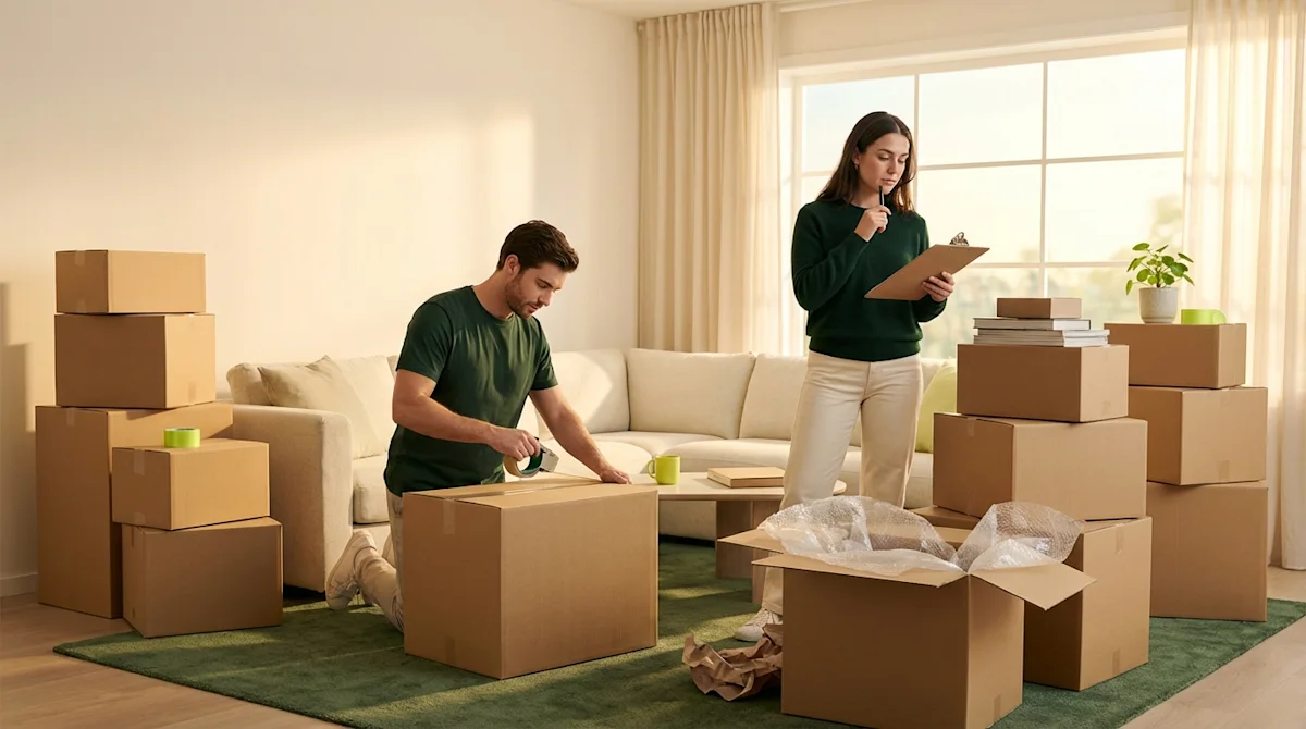 Couple packing boxes in a modern living room for a DIY move with forest green and cream brand colors.