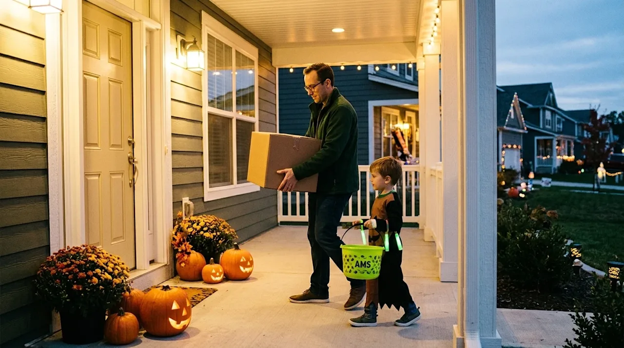A lifestyle photograph of a family safely moving into a new home on a brightly lit suburban front porch during Halloween even