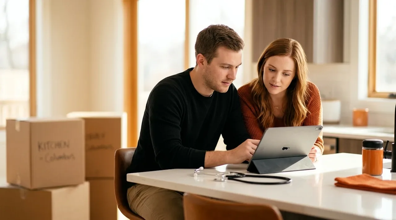 Professional photography of a young couple sitting at a brightly lit kitchen island in their new home, looking thoughtfully a