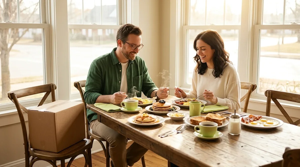 Professional marketing photography of a bright, cozy breakfast restaurant in Louisville. Warm morning sunlight streams throug