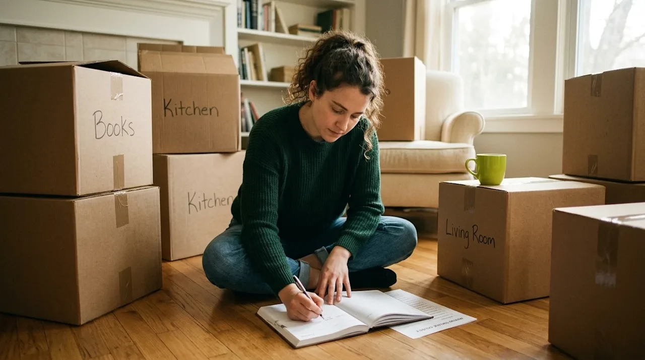 A candid, authentic lifestyle photograph of a person sitting on a warm wood floor in a cozy, sunlit living room, surrounded b