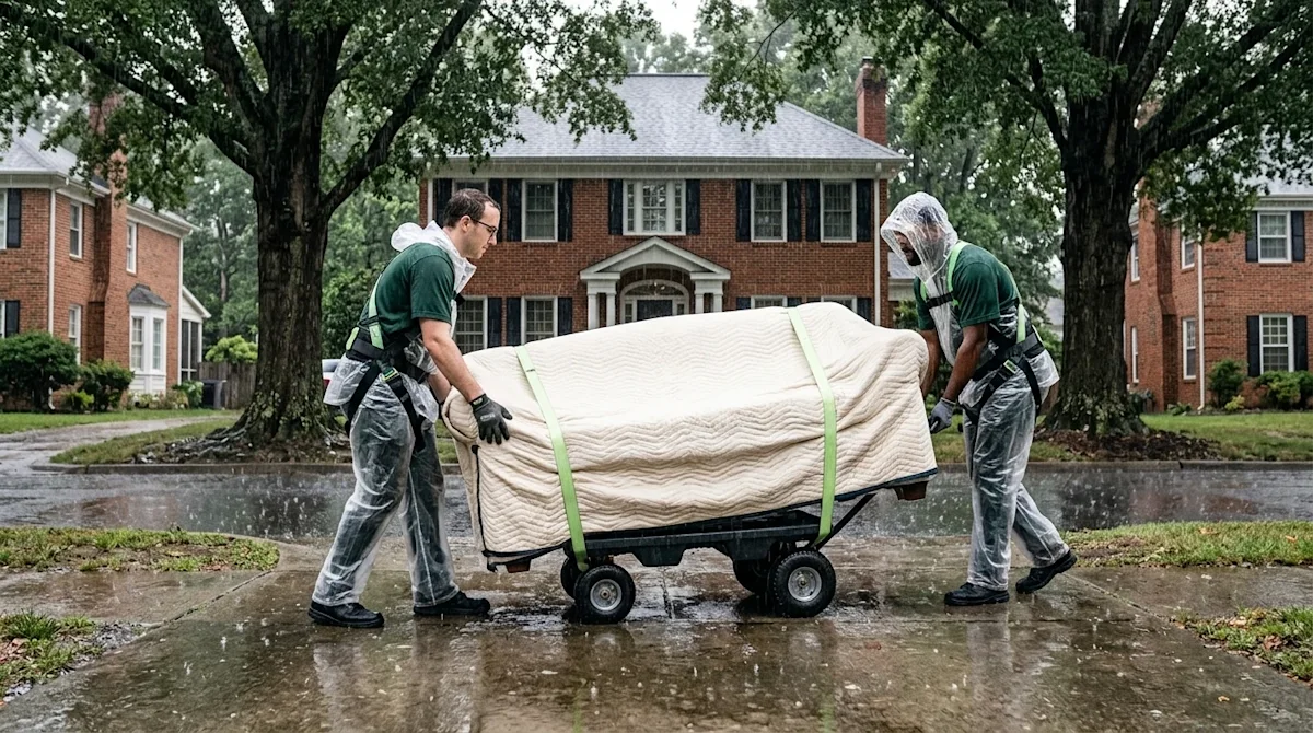 Professional marketing photography of two moving professionals working carefully during a heavy rainstorm in a charming Ralei
